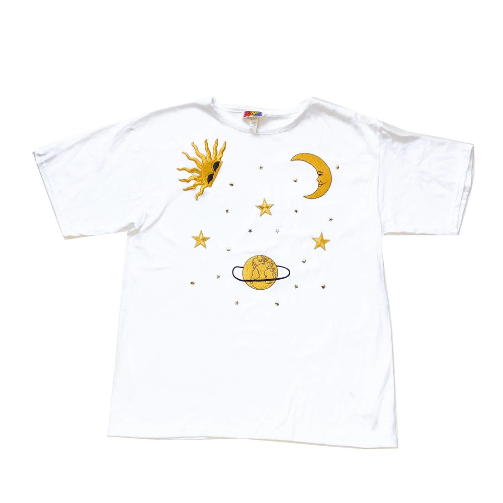 Vintage 80's Single Stitch Astrological Embroidered Patches White Crew Tshirt